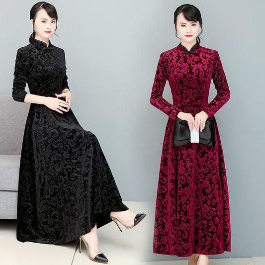 Cross-Border New Arrival New Chinese Improved Cheongsam plus Size Pleuche Long Sleeve Dress High-Grade Women's Mom Clothing Skirt