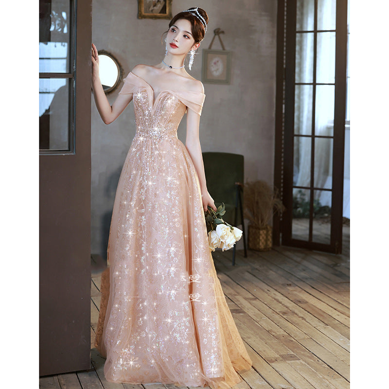 Evening Dress Gala Off Shoulder Sequin Pink Dresses Ball Gown 👑 Shimmering Day H2393