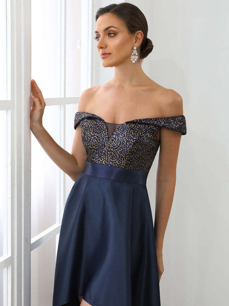 Europe and America Cross Border Foreign Trade off-Shoulder Evening Dress off-Shoulder Sequins High-End Banquet Graceful Satin Dress Small Tail