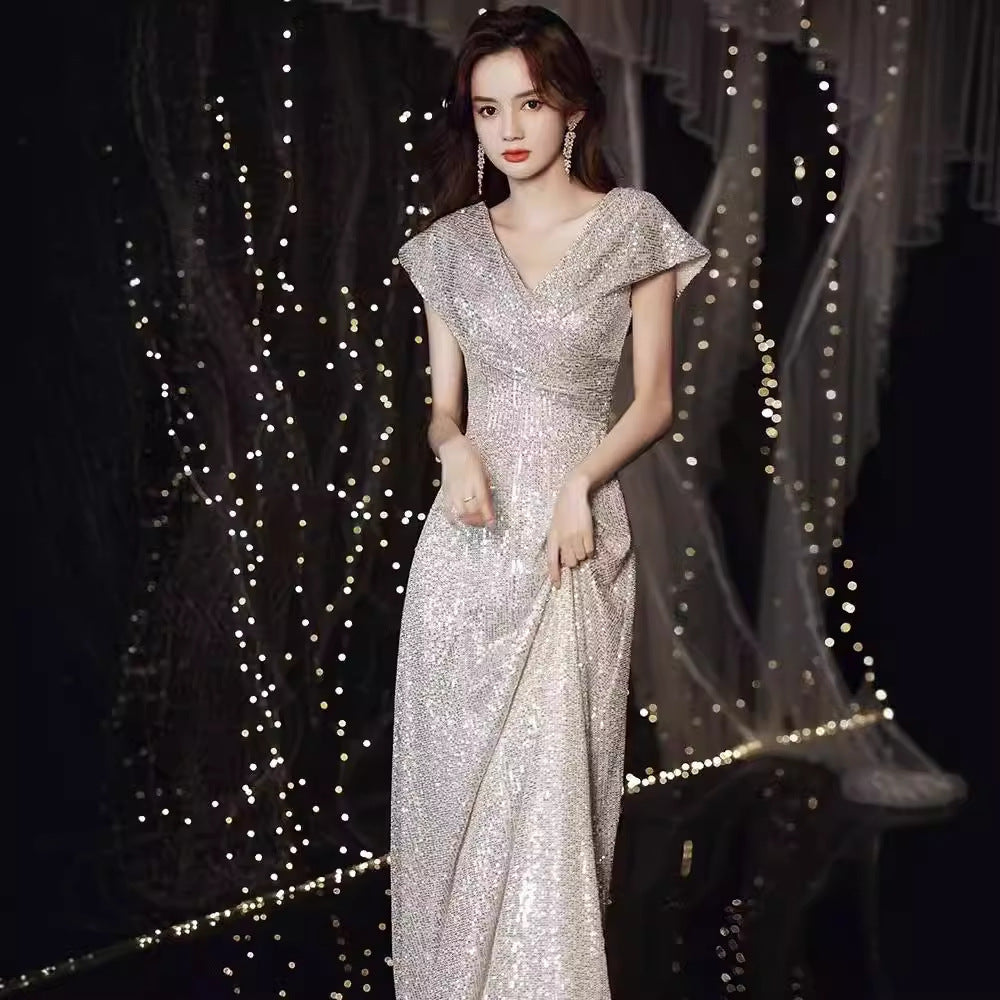 Banquet Evening Dress 2024 New High Sense V-neck Sequins Special Interest Light Luxury Performance Host's Dress Dress