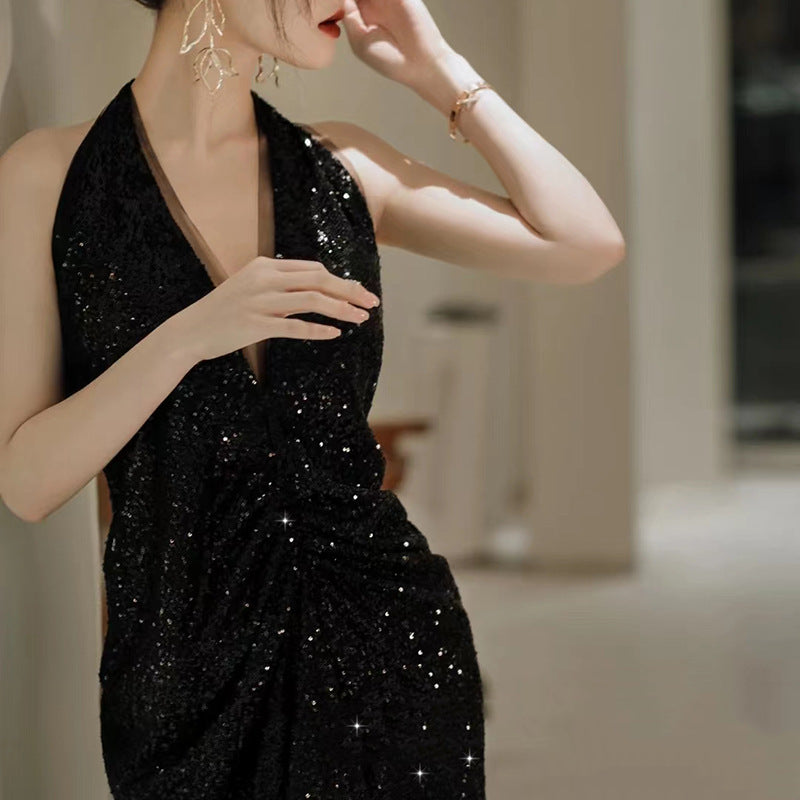 Black High-End Evening Dress 2024 New Sequined Light Luxury Minority European and American Annual Meeting Deep V-neck Elegant Host Dress for Women