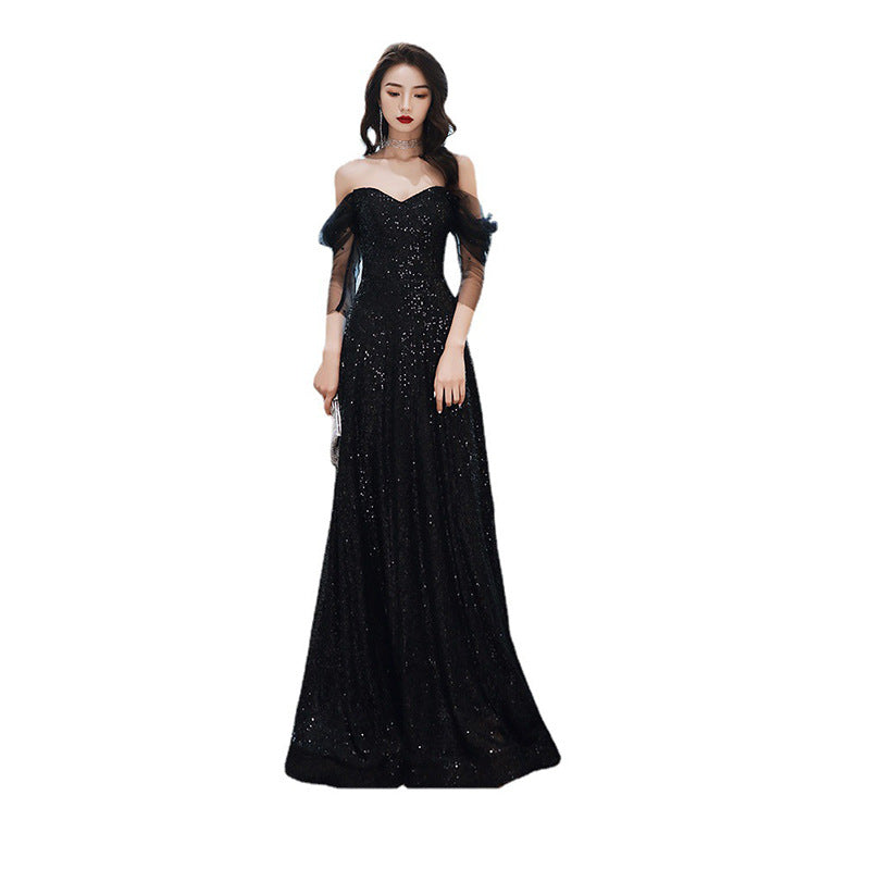 Black Evening Dress Host French Style 2024 New Women's Banquet Temperament Daily Style Slimming Queen Dress