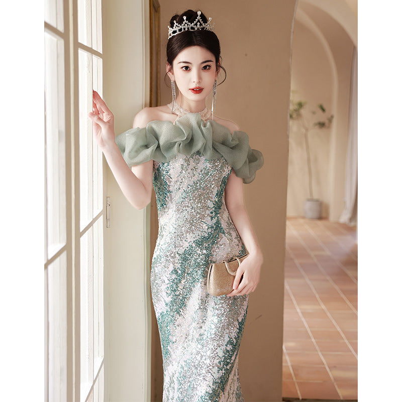 French High-End Fishtail Skirt Ladies Banquet Elegant Evening Dress Skirt Women's Sequined High Sense Long Sexy Host
