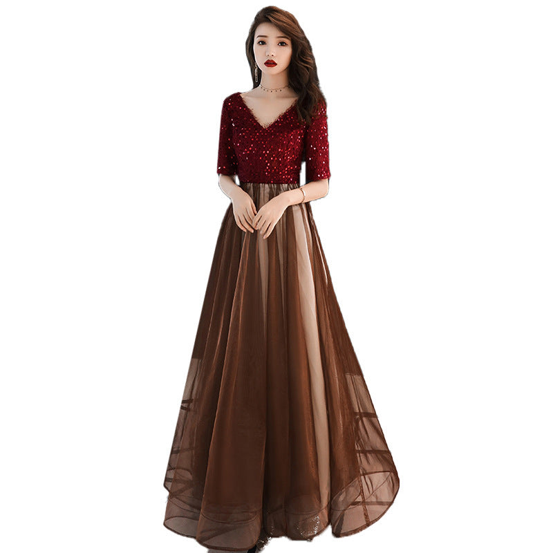 Summer Evening Dress for Women Banquet Temperament Annual Meeting Long Style 2024 New Modern Socialite Host Wine Red Autumn