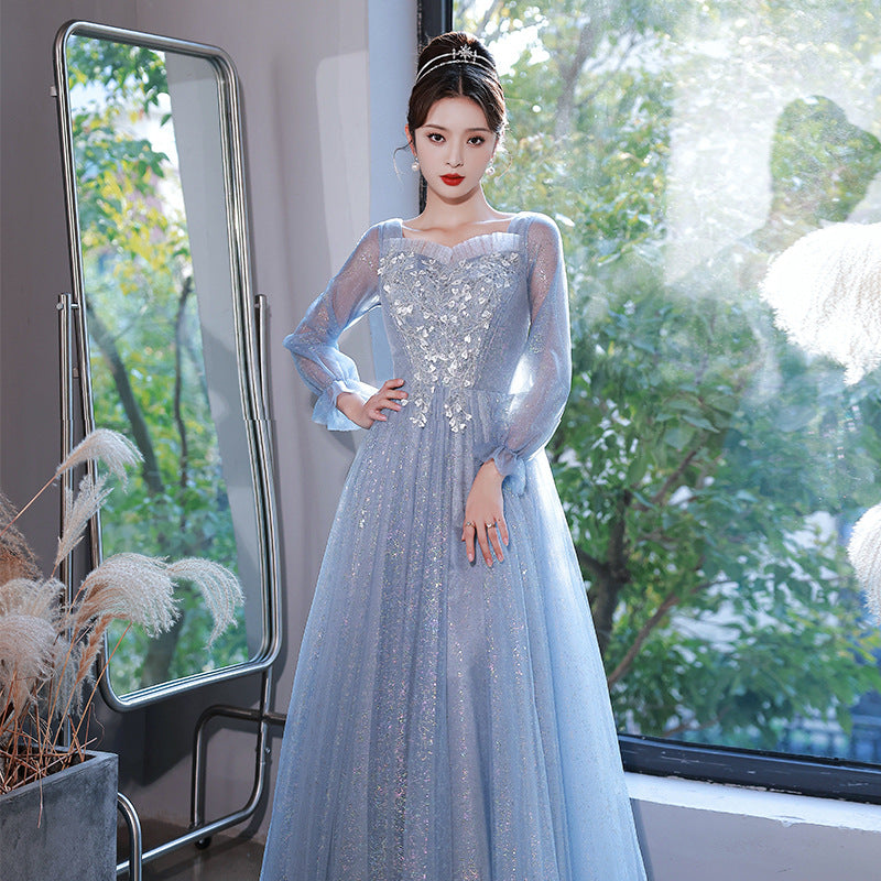 Blue Evening Dress for Women 2023 New High-Grade Banquet Temperament Long Sleeve Light Luxury Minority High-End Performance Art Exam Dress