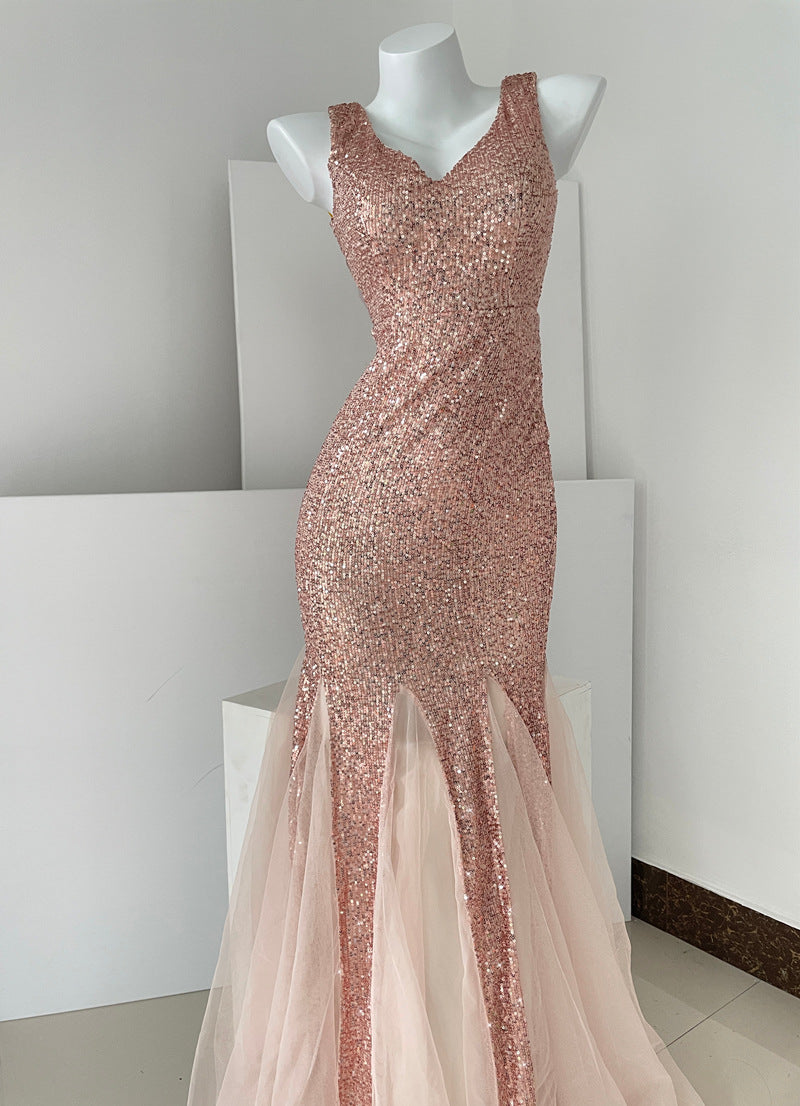 Mermaid Banquet Evening Dress 2024 New High-Grade Fine Glitter Dress Mesh Fishtail Dress Small Dress