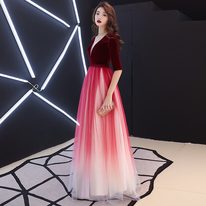 Evening Dress for Women 2024 New Banquet Mid-Sleeve Long Slimming Annual Meeting Socialite Dress Evening Dress for Women Autumn and Winter