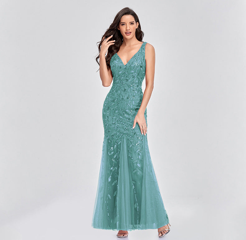 New 2023 Dress Sexy Dress Sleeveless V-neck Embroidery Sequin Slim Fishtail Bridesmaid Evening Dress for Women