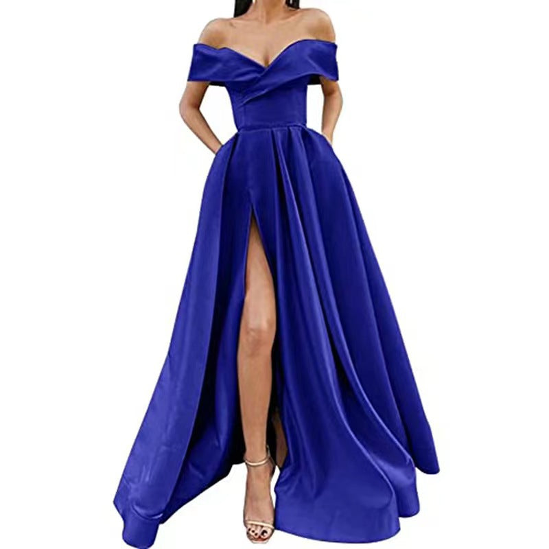 Party Dress satin black red off shoulder dinner dresses gala gown Women's European and American Style 2023 Cross-Border New Arrival Sexy Deep V Solid Color High-End Satin Banquet Evening Dress