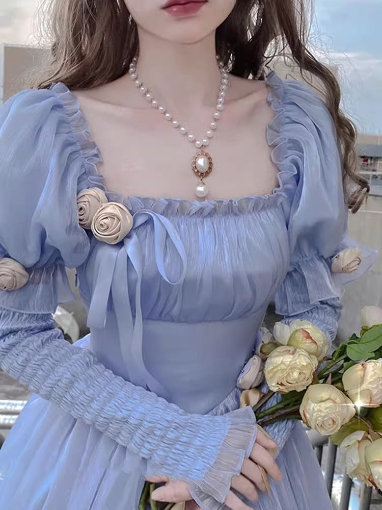 French First Love Organza Backless Lace up Blue Dress Female Tea Break Milk Fufu Escape Princess Super Fairy
