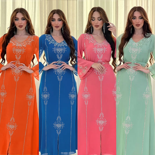 Xqy500176 Saudi Arabia Dubai Fashion Rhinestone Dress Summer Chiffon Robe Middle East Women's Dress