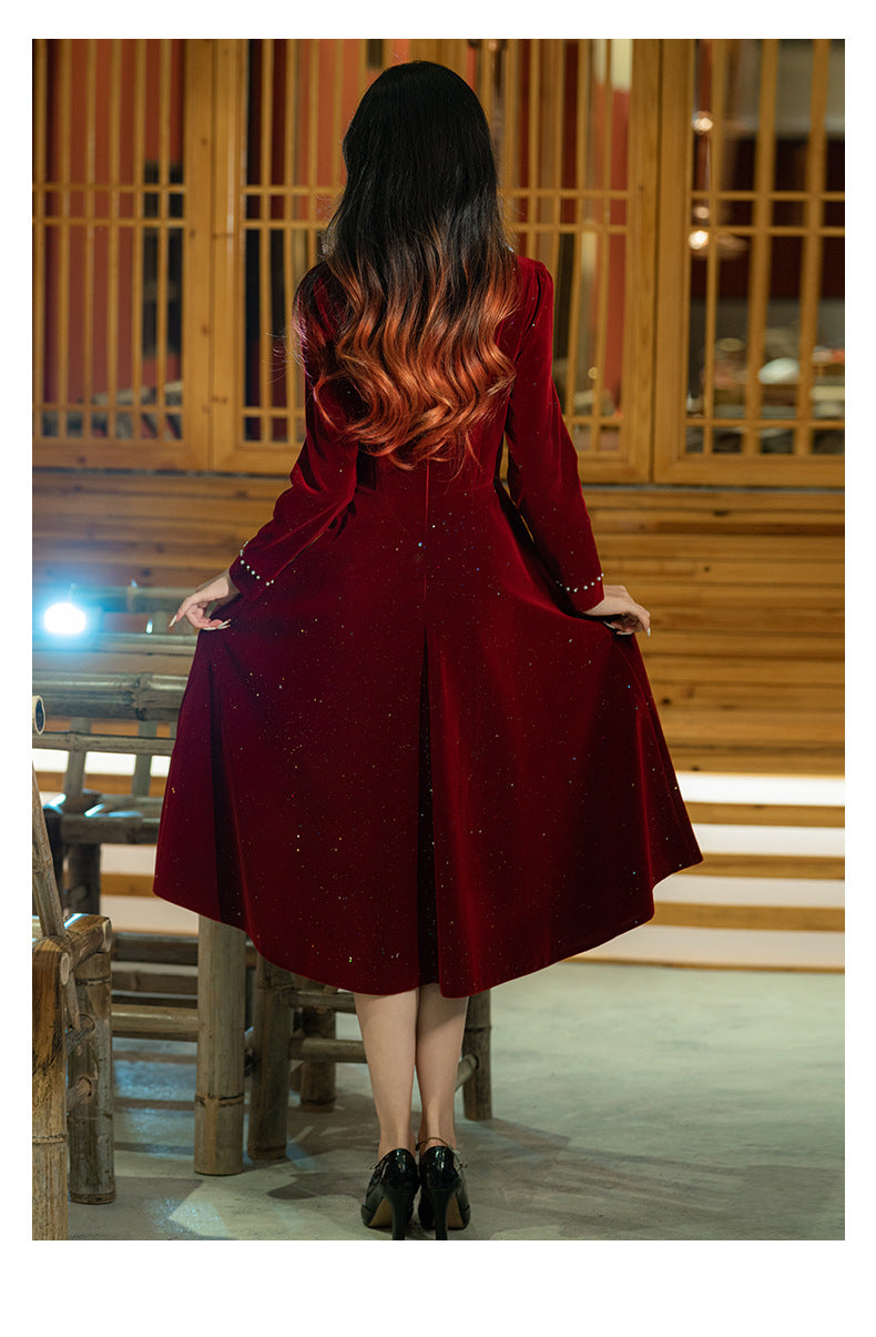 Toast Dress Bride Wine Red Spring and Autumn Wine Red Wedding Back-to-Door Dress Small Size Dress Daily Style