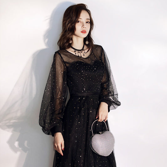 Long Sleeve Evening Dress 2024 New High-End Elegant Elegant Banquet Noble Temperament Long Black plus Size Slimming