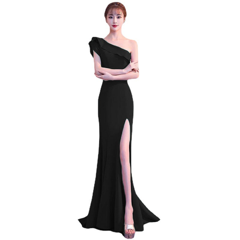 Evening Dress Host Dress Female Banquet 2024 Fishtail Long Slit Sleeveless High-End Light Luxury Minority Performance Black Red White H8203