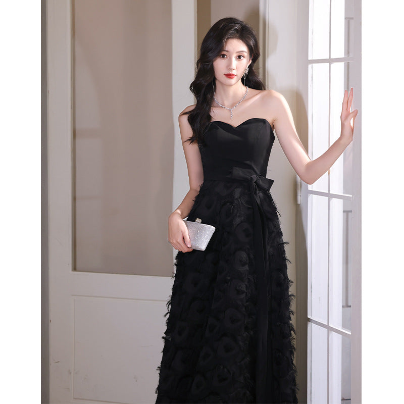 Black Tube Top Evening Dress for Women 2024 New Banquet Temperament Host Long Dress Student Art Exam 18-Year-Old Dress Autumn