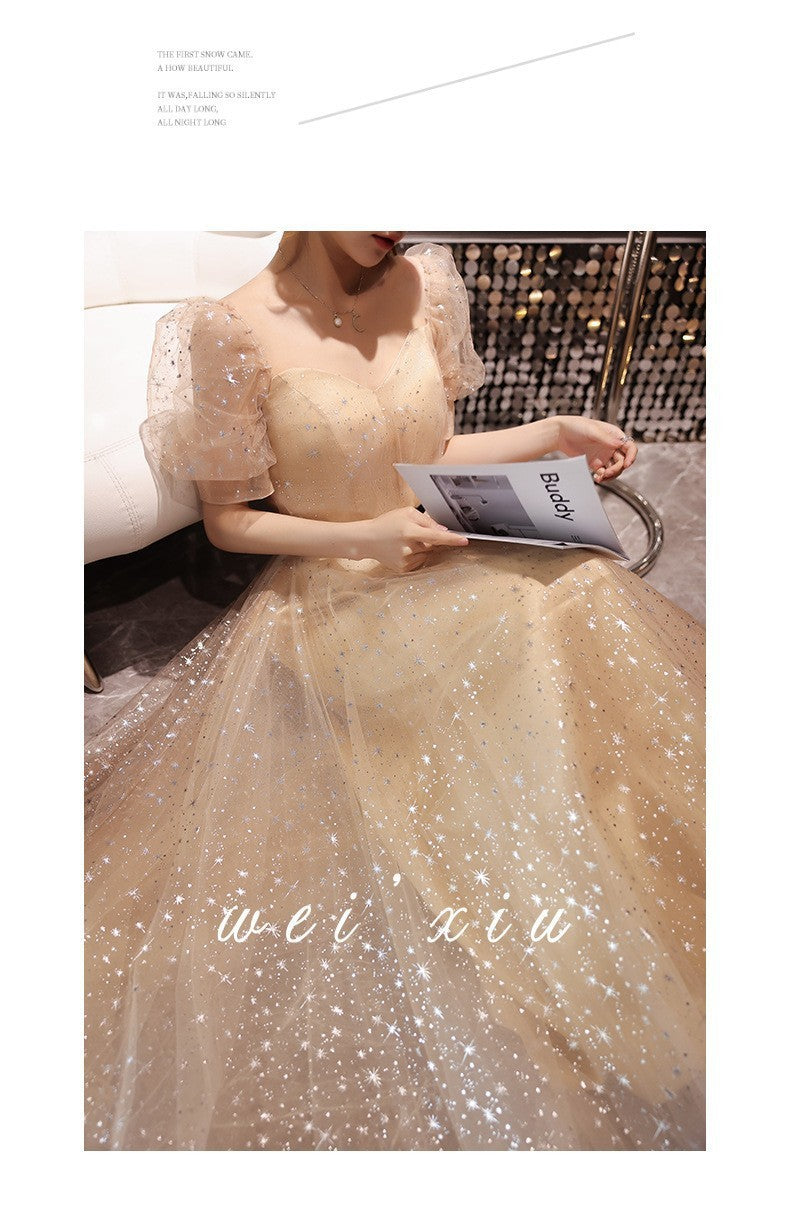 Banquet Evening Dress 2024 New Ladies Banquet Champagne Fairy Temperament Female Host Student Art Exam Dress