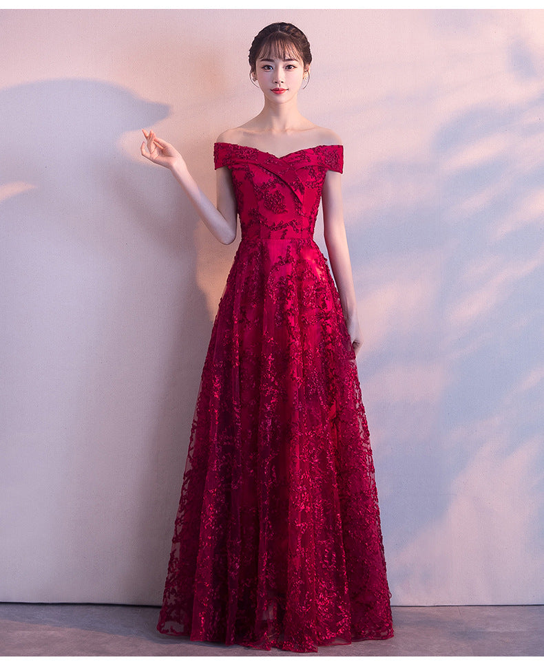 2024 New Summer Red Lace Off-Shoulder Long Slimming Wedding Evening Dress for Bride