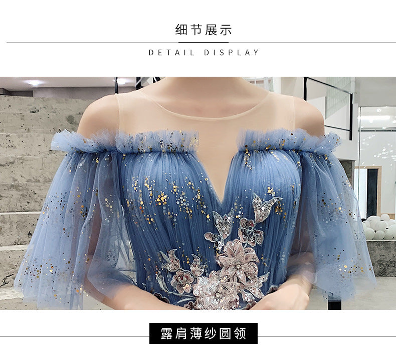 Blue Host Art Exam Evening Dress Female 2024 New Banquet Temperament Princess Fairy Mori Style