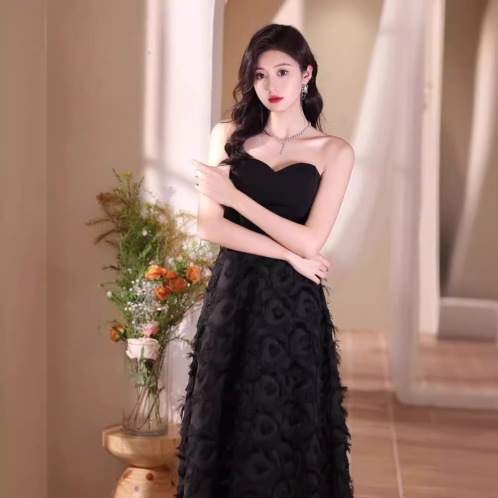 Black Tube Top Evening Dress for Women 2024 New Banquet Temperament Host Long Dress Student Art Exam 18-Year-Old Dress Autumn