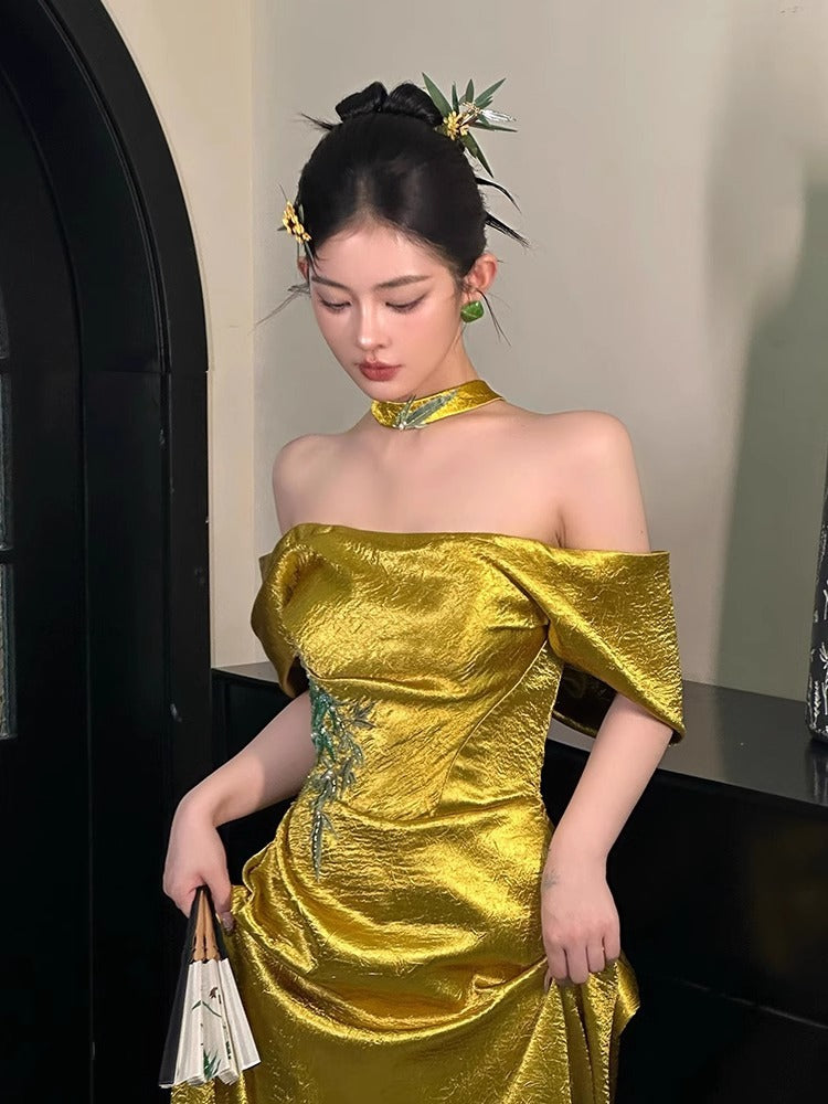 New Chinese Style Morning Gowns Women's 2024 New Tube Top Bride Engagement Formal Dress Toast Clothing off-Shoulder Host Evening Dress