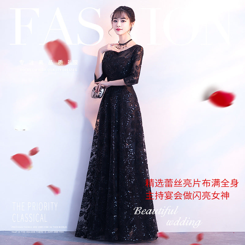 Prom dresses gala lace long sleeve Banquet Evening Dress Women's Black Long H8293