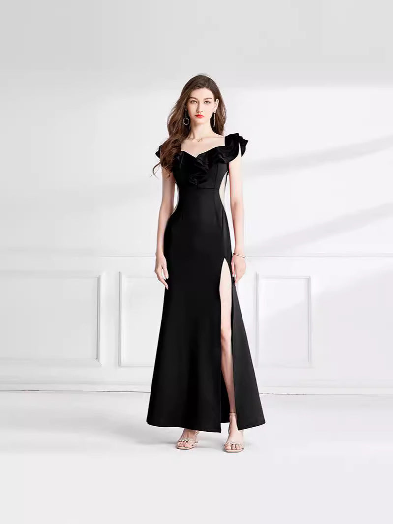 Evening Dress Gala Birthday Dinner Party Ball Gown Black Flower Long Off Shoulder Dresses H889222