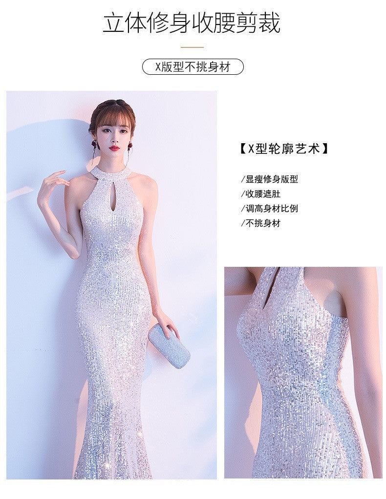 Spring and Summer Silver Evening Dress for Women 2024 New Niche Temperament Ladies Annual Meeting Host Fishtail Dress Evening Dress Wholesale