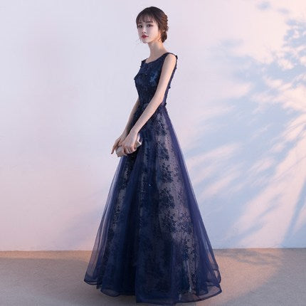 Evening Dress Long Navy Blue Women's Banquet Simple and Elegant Lace Party Dresses for dinner gown H22738