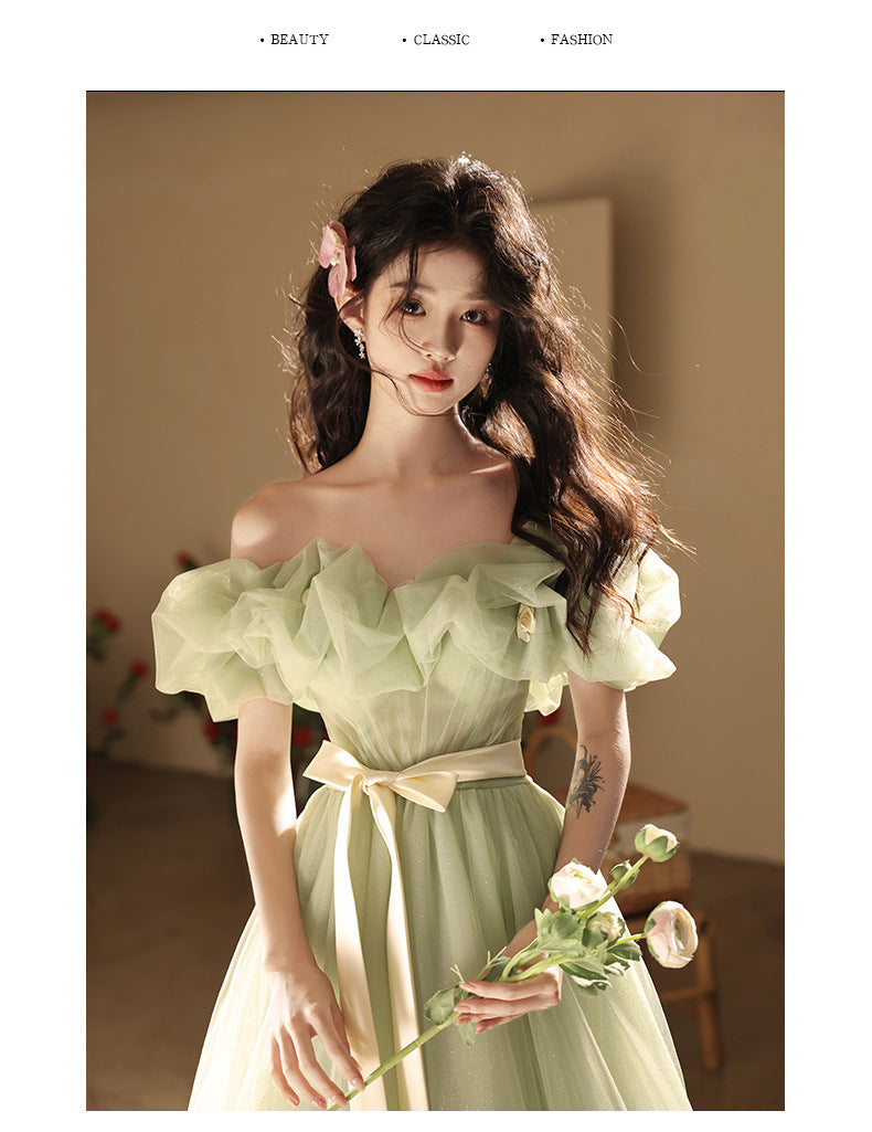 off-Shoulder Evening Dress High-End Affordable Luxury Niche Atmosphere Host Annual Party Dress Student Art Exam Performance Green