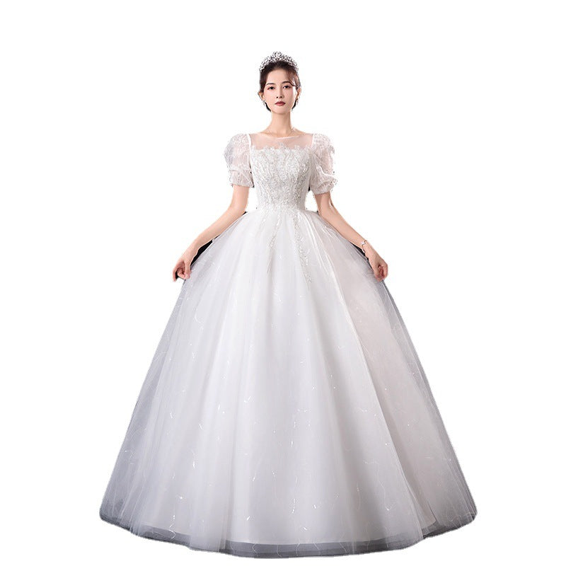 Wedding Dress L;Ace White Maxi Dresses Gala French Summer Short Sleeve White Bridal Court Floor-Length H223