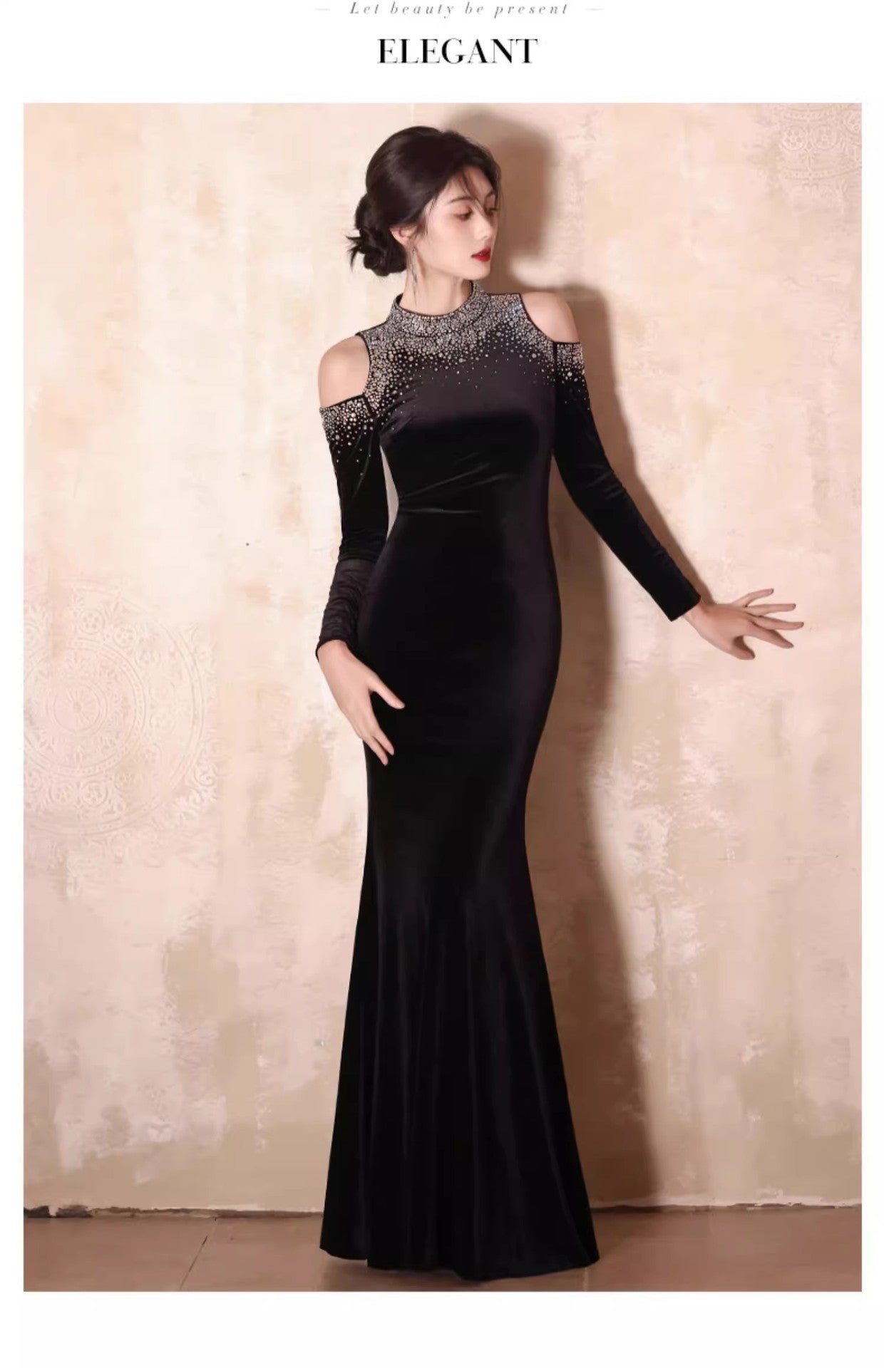 Factory in Stock Wholesale New Elegant and Beautiful off-Shoulder Long Sleeve Banquet Host Black Mermaid Evening Dress for Women