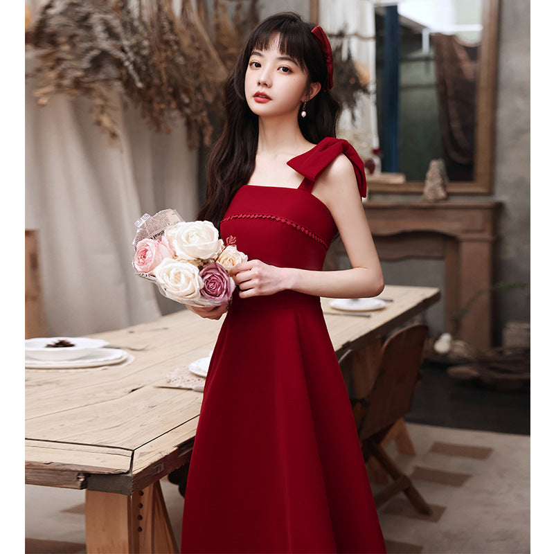 Toast Dress Bride Spring Short Small Wine Red Daily Style Back-to-Door Casual Wear Sling Female Engagement Dress