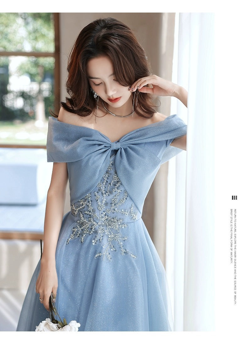 off-Shoulder Blue Evening Dress for Women Banquet Temperament French Entry Lux Niche High-End Host Art Exam Chorus Clothing