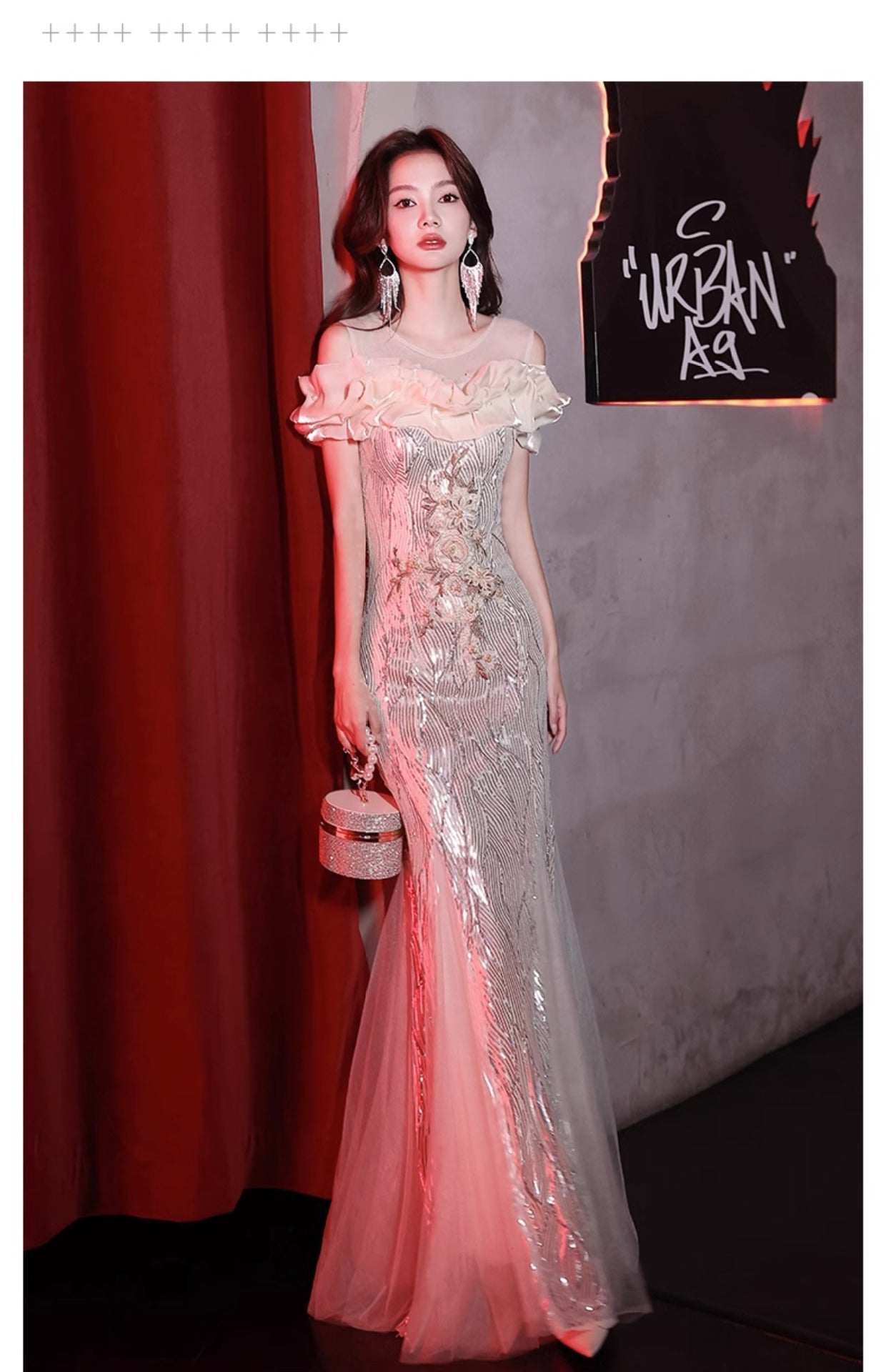 Fishtail Evening Dress 2024 New Sequined off-Shoulder Light Luxury Minority Host Banquet Heavy Work Waist-Tight Evening Dress