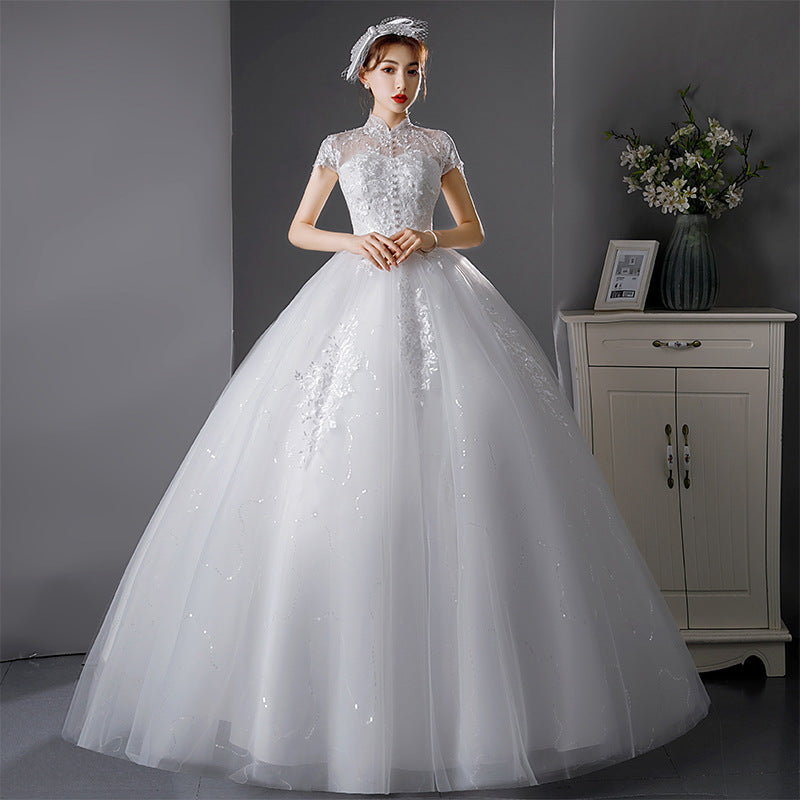 French Light Wedding Dress 2024 New Princess Style Floor-Length Graceful Stand Collar Female Bride Wedding Dress Super Fairy Mori Style Summer