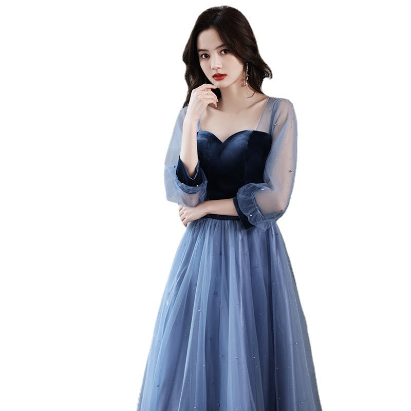 Evening Dress 2024 New Spring Velvet Slimming Long Birthday Party Host Banquet Temperament Belly Covering Dress for Women