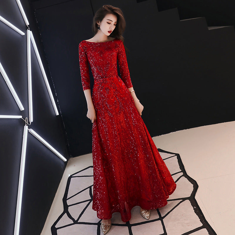 Bridal Toast Clothing 2024 Summer New Wine Red Marriage Engagement Back-to-Door Long Dinner Chinese Style Toast Dress