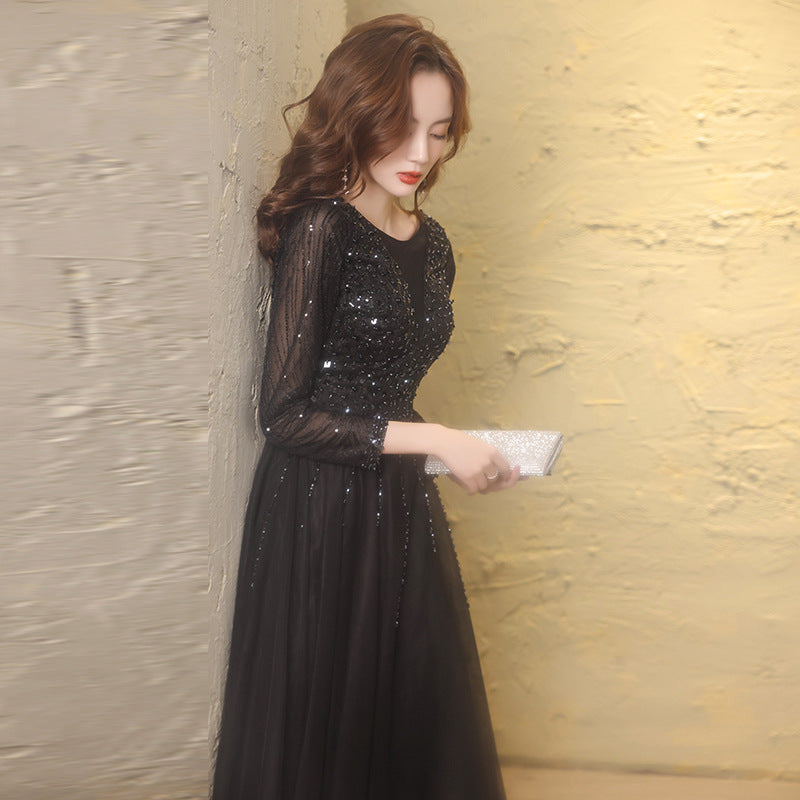 Black Evening Dress Female 2024 Autumn New Master Host Art Exam Dress Choral Performance Long Dress