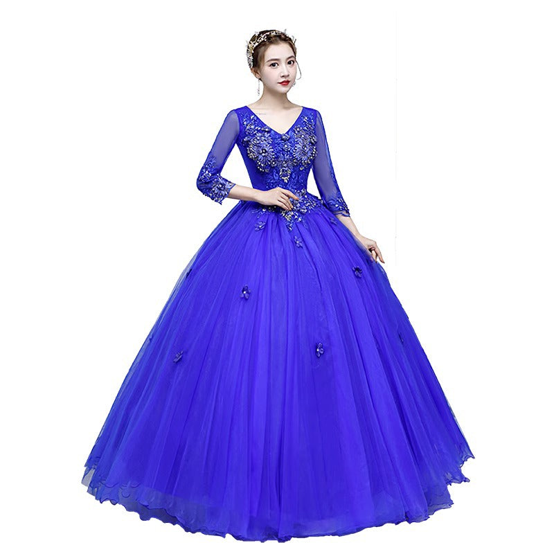 Colored Mesh Annual Meeting Host Performance Student Vocal Solo Art Exam Clothing Pettiskirt Long Evening Dress Female Autumn and Winter