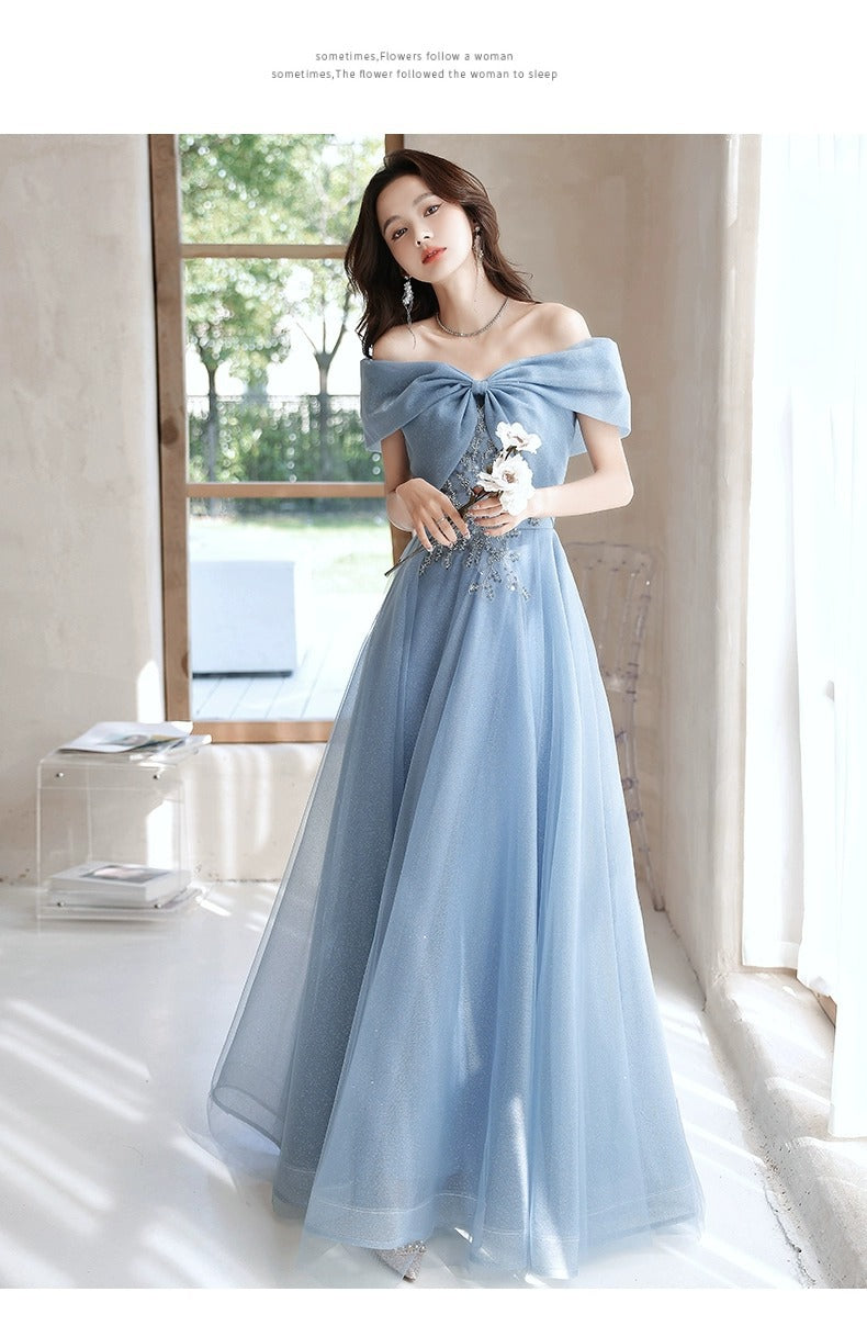 off-Shoulder Blue Evening Dress for Women Banquet Temperament French Entry Lux Niche High-End Host Art Exam Chorus Clothing