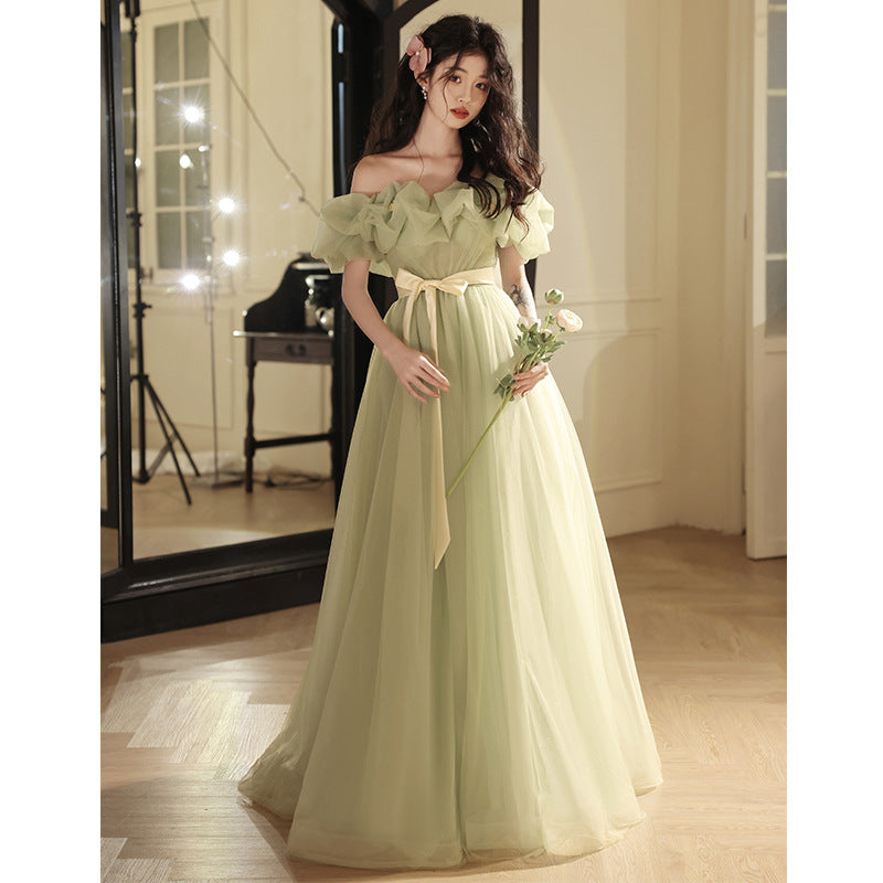 off-Shoulder Evening Dress High-End Affordable Luxury Niche Atmosphere Host Annual Party Dress Student Art Exam Performance Green