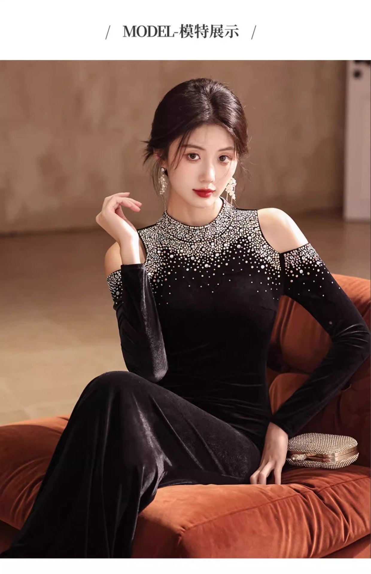 Factory in Stock Wholesale New Elegant and Beautiful off-Shoulder Long Sleeve Banquet Host Black Mermaid Evening Dress for Women