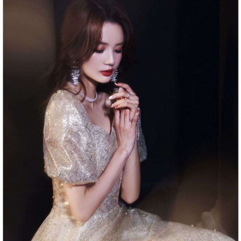 Banquet Evening Dress 2024 New Autumn Champagne Golden Princess Fairy Chorus Conductor Holding People Dress for Women