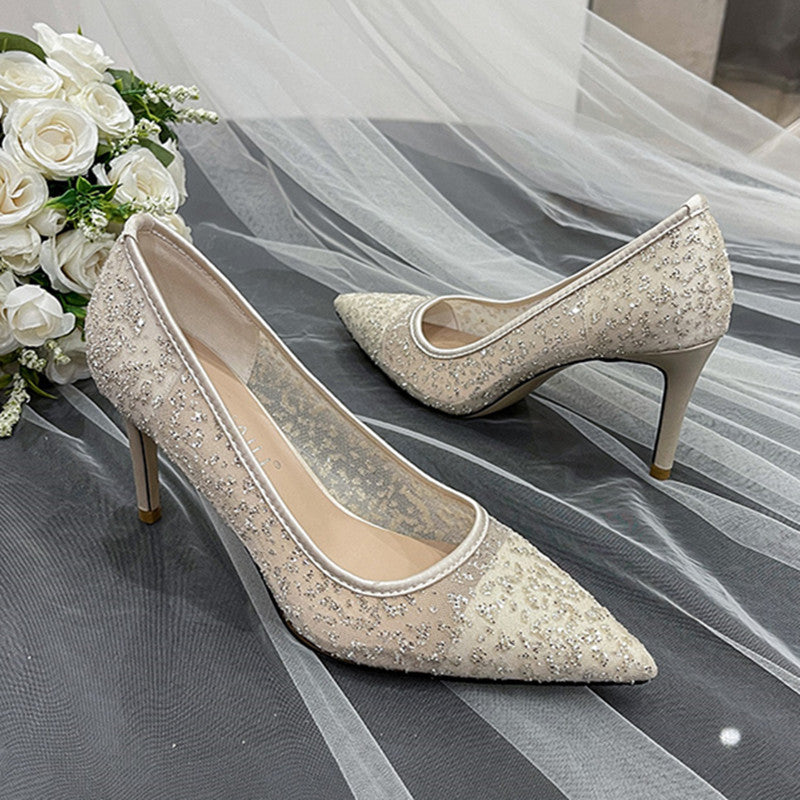 High Heels Wedding shoes Crystal Stiletto Heel Sequined Sexy Mesh Bridal Wedding Shoes Bridesmaid Lace Banquet Dress Single-Layer Shoes H919