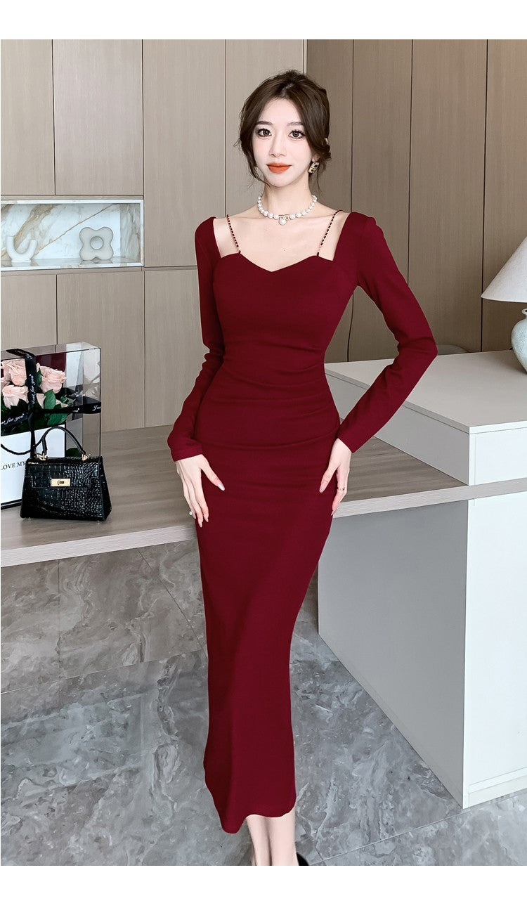 Chic French Style Chain Square Collar Dress Women's Elegant Bodycon Sheath Dress Niche Split Evening Dress Isn