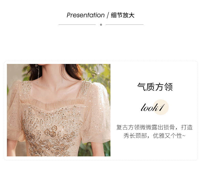 Champagne Evening Dress for Women Banquet Temperament Light Luxury Minority High-End High-Grade Host Summer Art Exam Engagement Dress