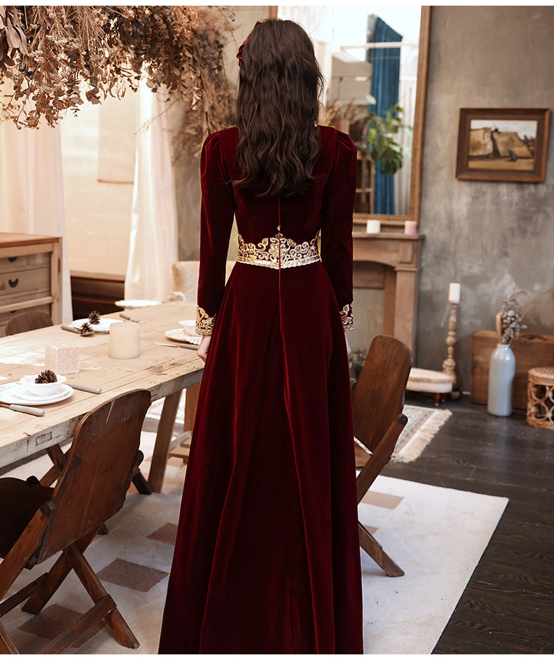 Wedding Toast Dress 2024 New Velvet Wine Red Long Bride Long Evening Dress Autumn Elegant Toast