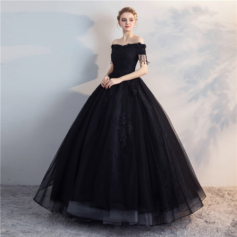 New Evening Dress 2024 New Black off-Shoulder Solo Host Performance Pettiskirt Long Women's Studio