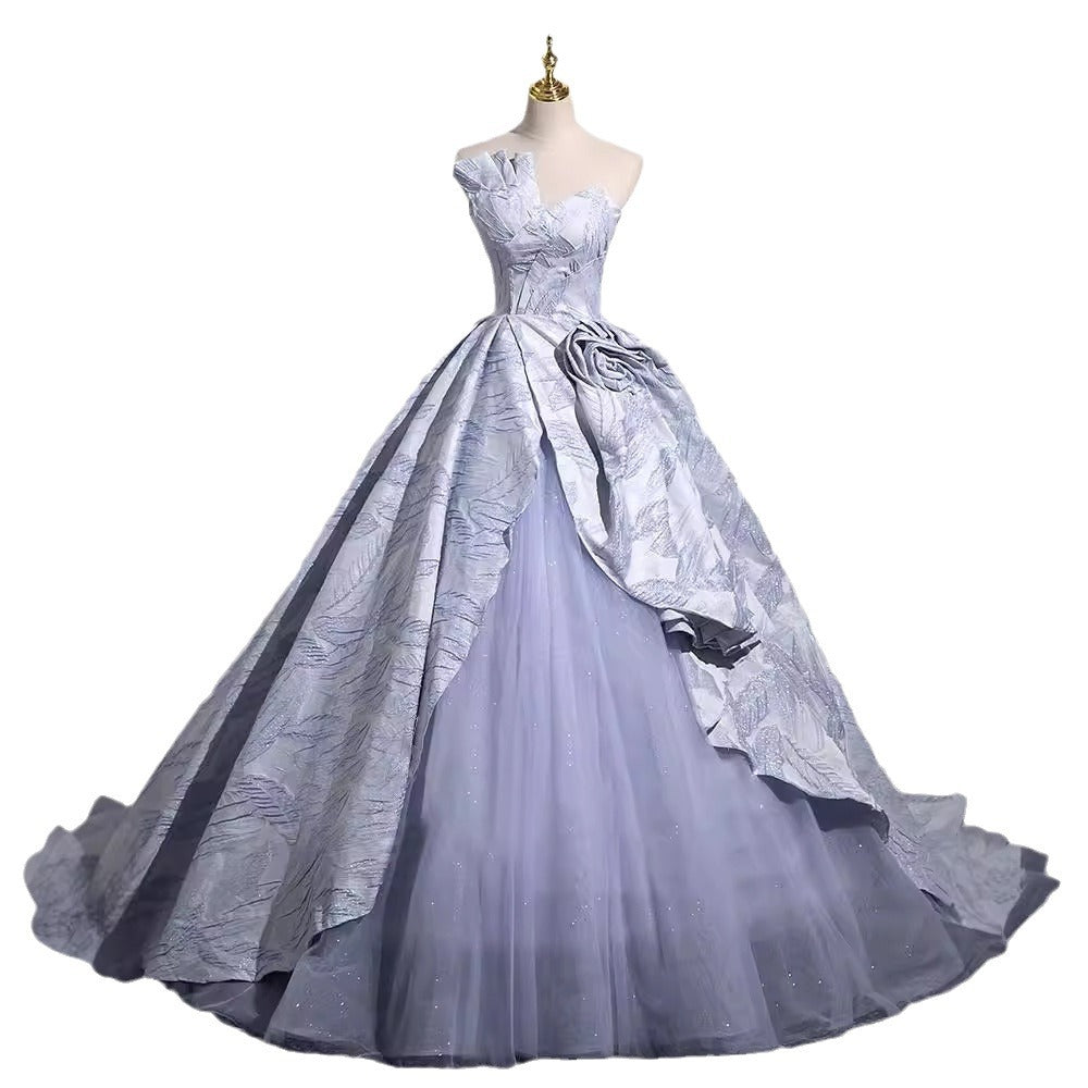 Blue Evening Dress High-End Affordable Luxury Trip Shoot Birthday Banquet High-Grade Satin Adult Ceremony Vocal Music Art Test plus Size