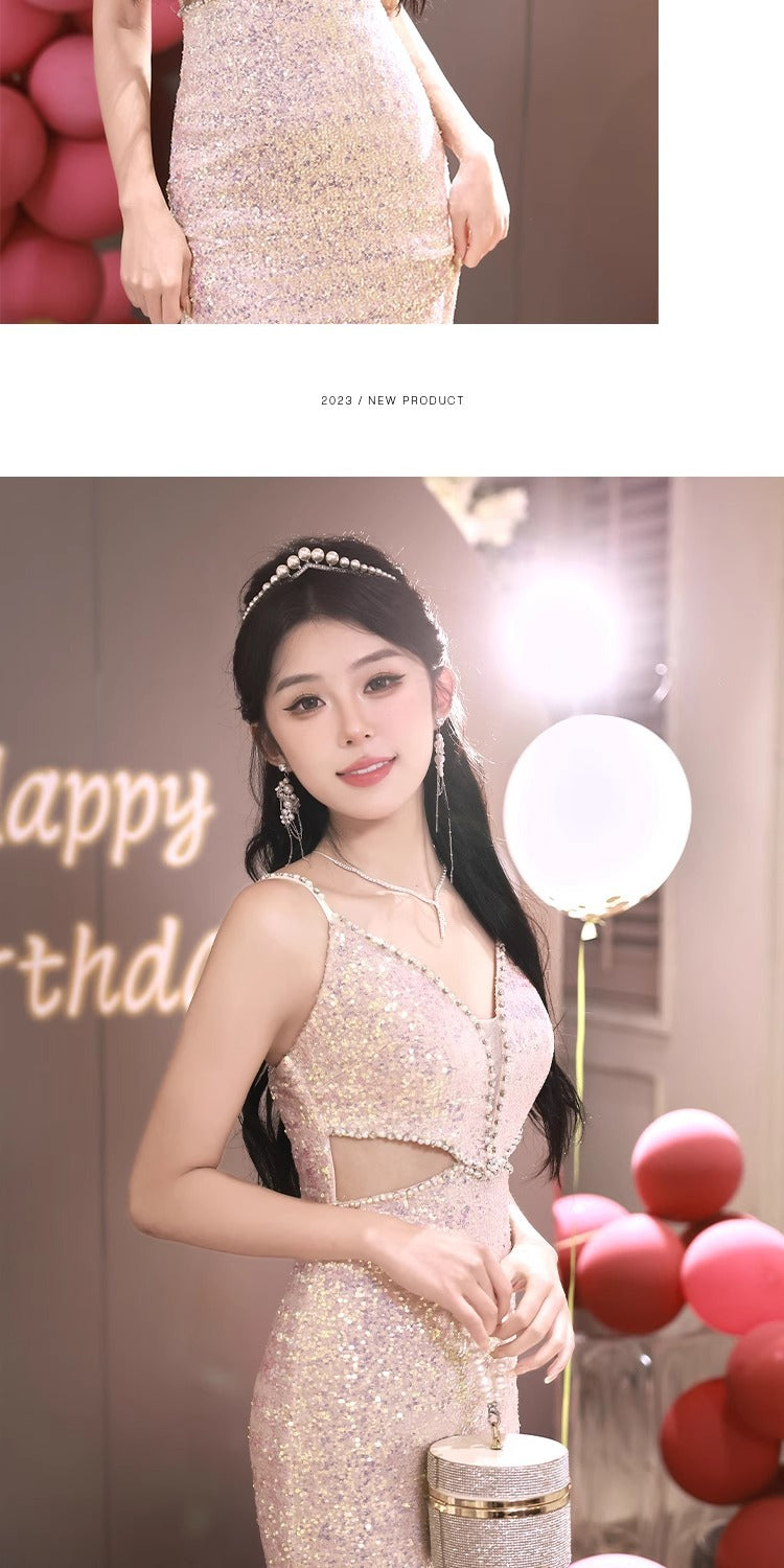 High-End Custom Evening Dress for Women Light Luxury High-End Temperament Socialite Autumn and Winter Sequined Toast Dress for Bride High-End